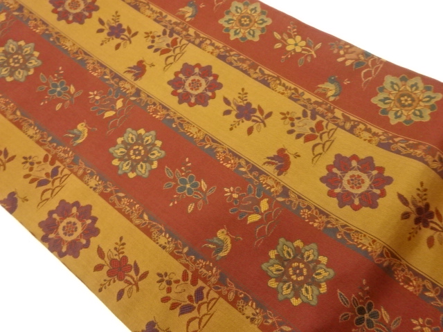 JAPANESE HIRAKI NAGOYA OBI / WOVEN BIRD & FLOWER
